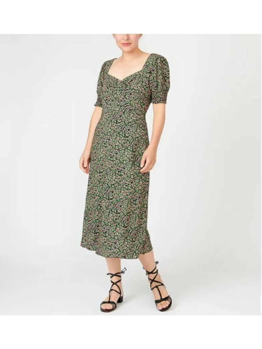 J Crew Floral Milkmaid Midi Dress Sz 4 Pink Green Cottagecore Bridgerton Retro
